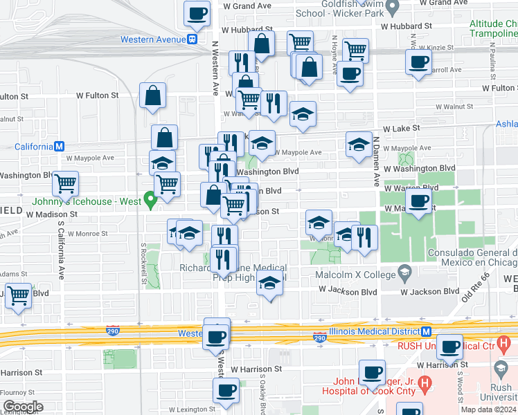 map of restaurants, bars, coffee shops, grocery stores, and more near 2258 West Madison Street in Chicago