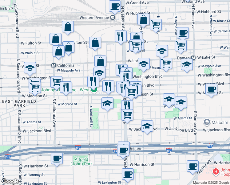 map of restaurants, bars, coffee shops, grocery stores, and more near 2446 West Madison Street in Chicago