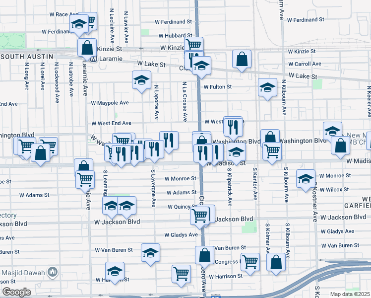 map of restaurants, bars, coffee shops, grocery stores, and more near 4843 West Washington Boulevard in Chicago