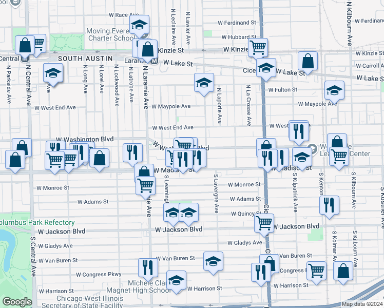 map of restaurants, bars, coffee shops, grocery stores, and more near 5033 West Washington Boulevard in Chicago