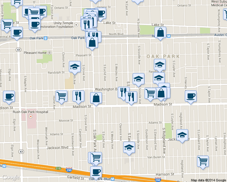 map of restaurants, bars, coffee shops, grocery stores, and more near 651 Washington Boulevard in Oak Park