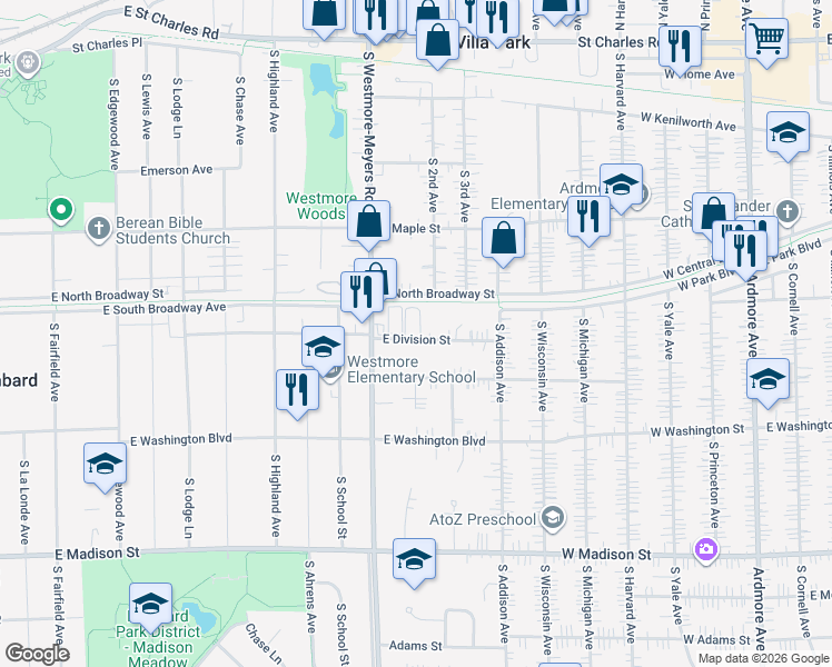 map of restaurants, bars, coffee shops, grocery stores, and more near 1042 East Division Street in Lombard