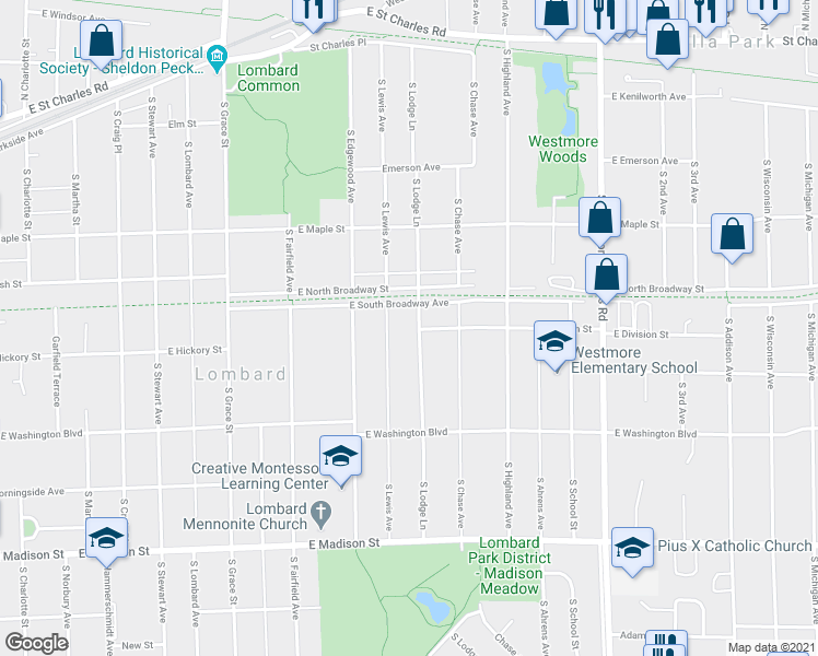 map of restaurants, bars, coffee shops, grocery stores, and more near 704 Division Street in Lombard