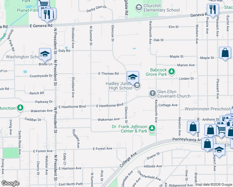 map of restaurants, bars, coffee shops, grocery stores, and more near 1708 Madsen Court in Wheaton