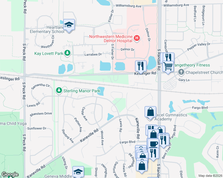 map of restaurants, bars, coffee shops, grocery stores, and more near 2522 Heritage Court in Geneva