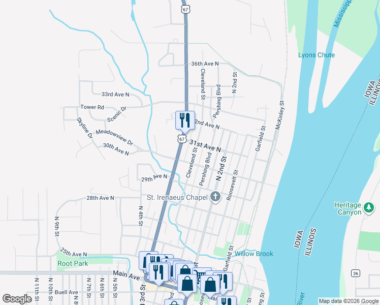 map of restaurants, bars, coffee shops, grocery stores, and more near 3016 Cleveland Street in Clinton