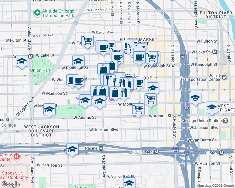 map of restaurants, bars, coffee shops, grocery stores, and more near 1111 West Madison Street in Chicago