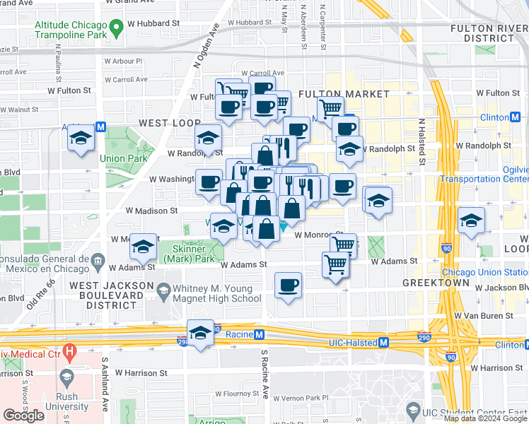 map of restaurants, bars, coffee shops, grocery stores, and more near 1169 West Madison Street in Chicago