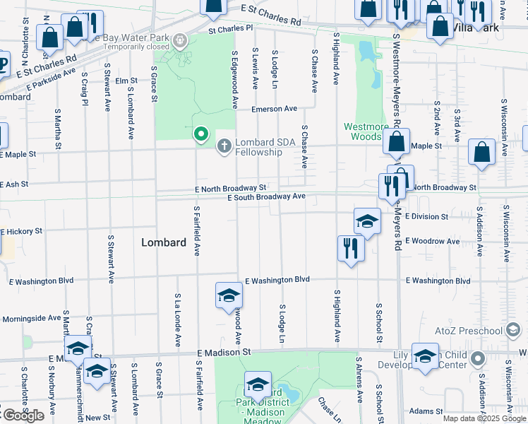 map of restaurants, bars, coffee shops, grocery stores, and more near 317 South Lewis Avenue in Lombard