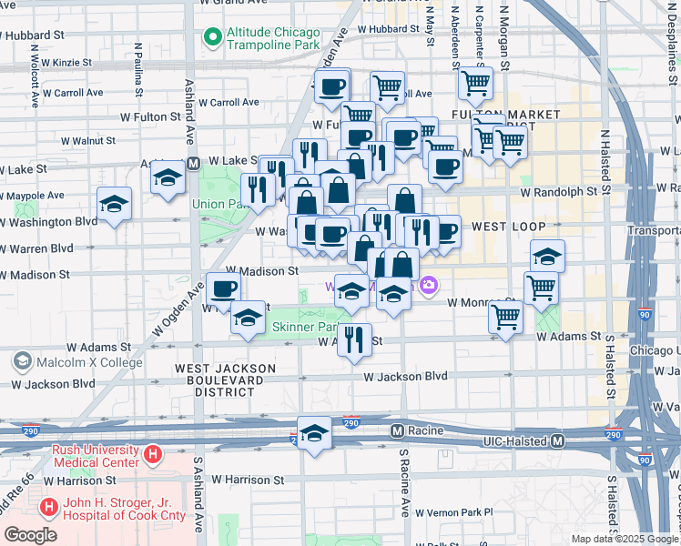 map of restaurants, bars, coffee shops, grocery stores, and more near 1301 West Madison Street in Chicago