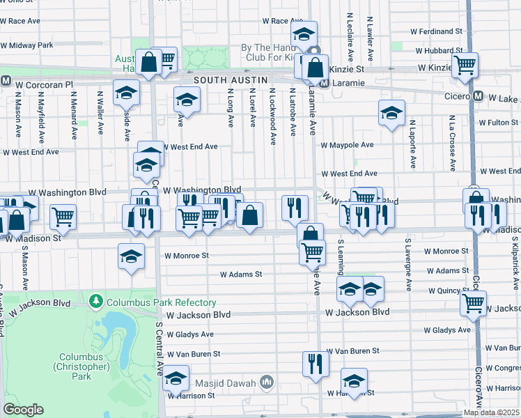 map of restaurants, bars, coffee shops, grocery stores, and more near 38 North Lorel Avenue in Chicago