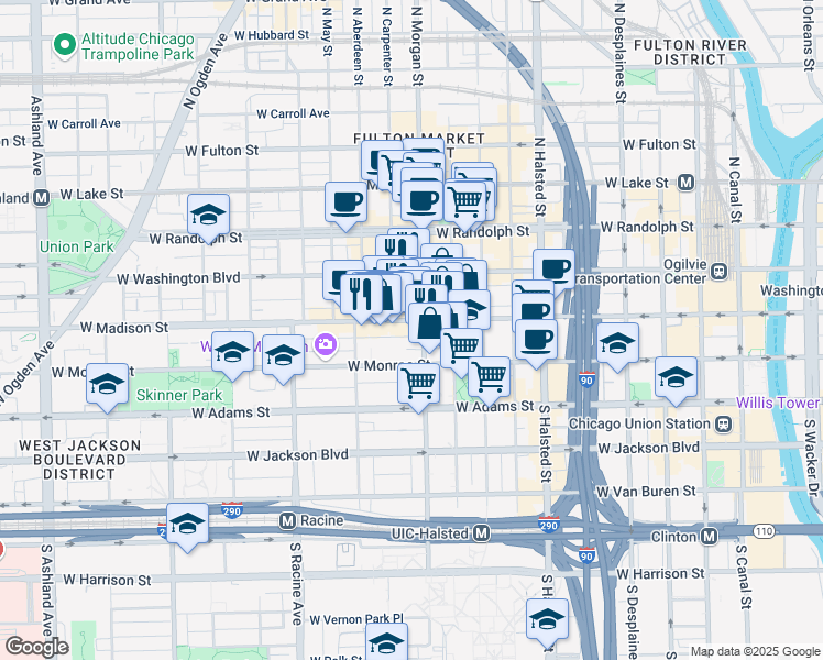 map of restaurants, bars, coffee shops, grocery stores, and more near 1001 West Madison Street in Chicago