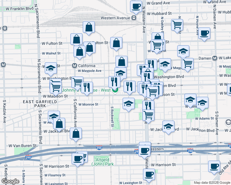map of restaurants, bars, coffee shops, grocery stores, and more near 2550 West Madison Street in Chicago