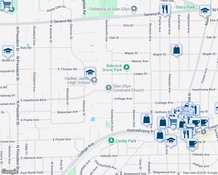map of restaurants, bars, coffee shops, grocery stores, and more near 276 Hawthorne Boulevard in Glen Ellyn