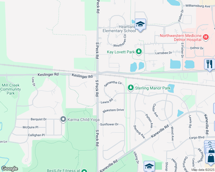 map of restaurants, bars, coffee shops, grocery stores, and more near 680 Samantha Circle in Geneva