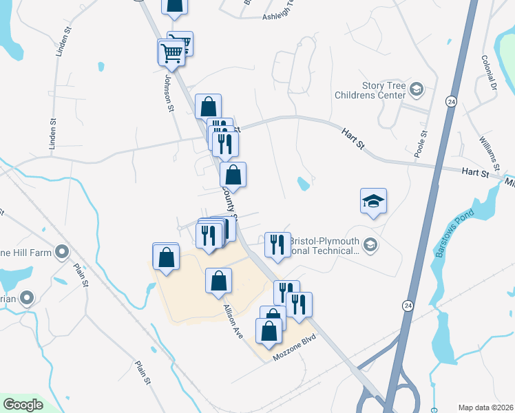 map of restaurants, bars, coffee shops, grocery stores, and more near 800 Massachusetts 140 in Taunton