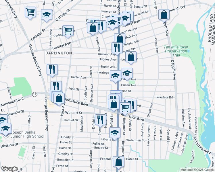 map of restaurants, bars, coffee shops, grocery stores, and more near 45 Pullen Avenue in Pawtucket