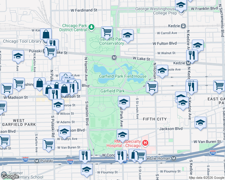 map of restaurants, bars, coffee shops, grocery stores, and more near 100 North Central Park Avenue in Chicago