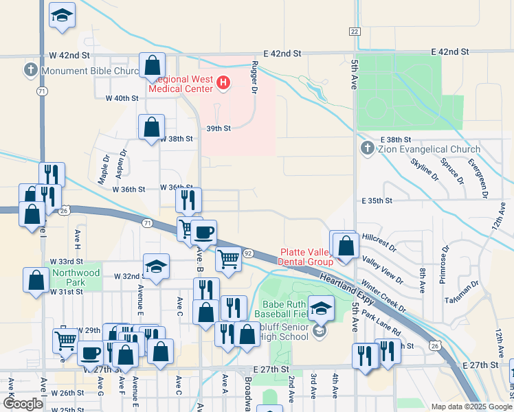 map of restaurants, bars, coffee shops, grocery stores, and more near 19 East 35th Street in Scottsbluff