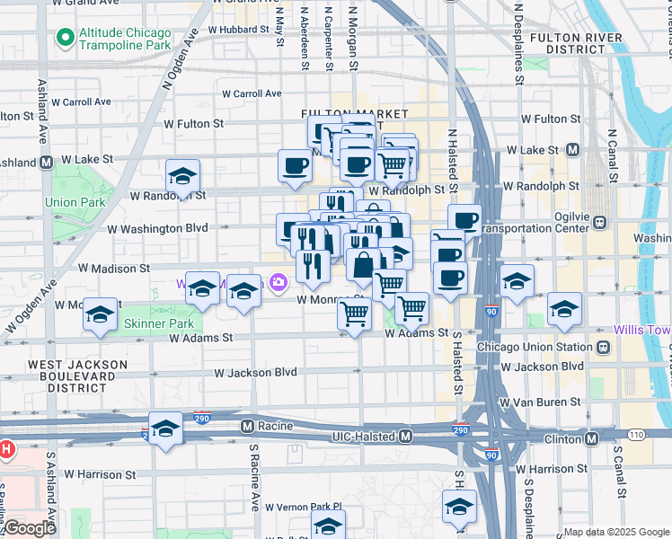 map of restaurants, bars, coffee shops, grocery stores, and more near 1015 West Madison Street in Chicago