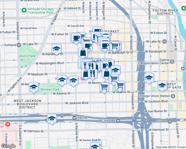 map of restaurants, bars, coffee shops, grocery stores, and more near 1051 West Madison Street in Chicago