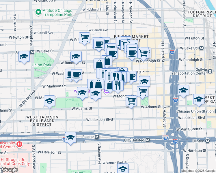 map of restaurants, bars, coffee shops, grocery stores, and more near 1131 West Madison Street in Chicago