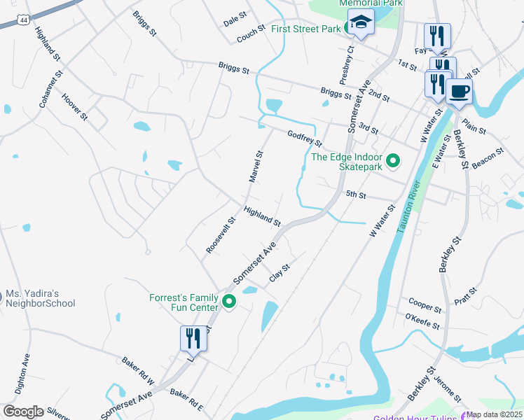 map of restaurants, bars, coffee shops, grocery stores, and more near 8 Dexter Avenue in Taunton