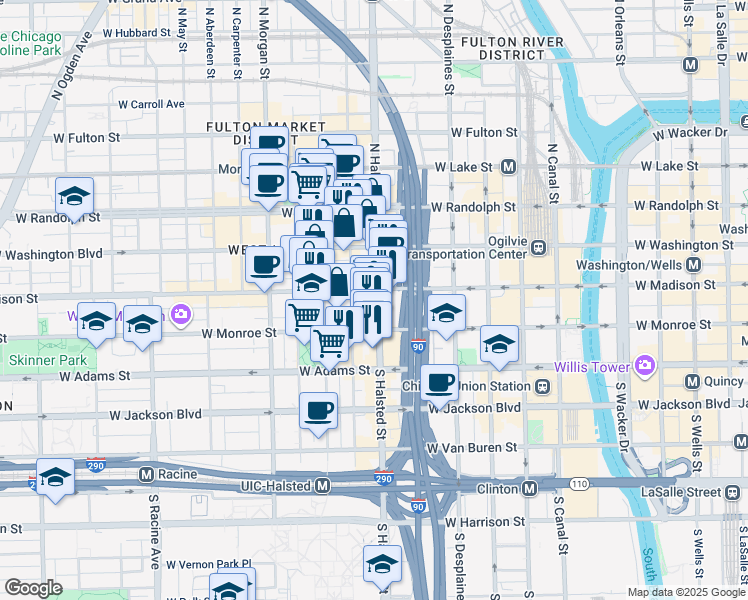 map of restaurants, bars, coffee shops, grocery stores, and more near in Chicago