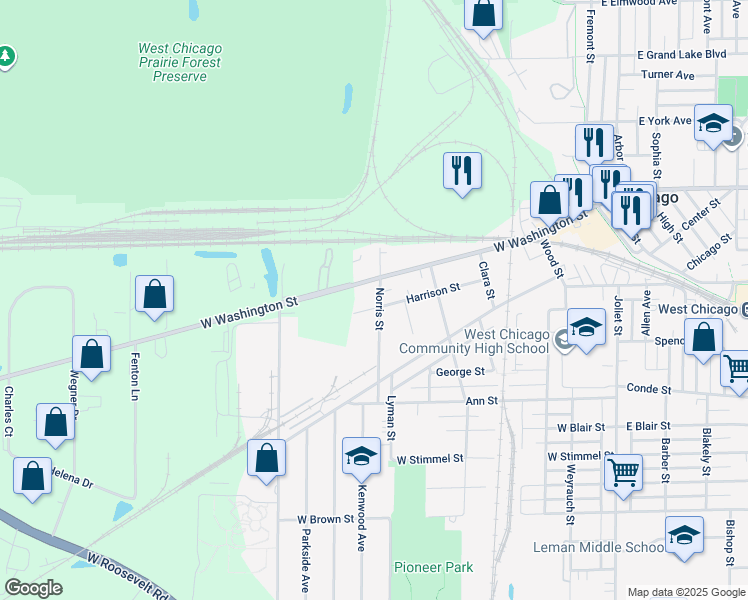 map of restaurants, bars, coffee shops, grocery stores, and more near 501 Harrison Street in West Chicago