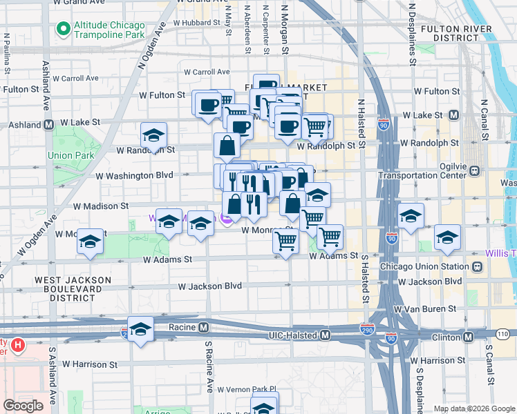 map of restaurants, bars, coffee shops, grocery stores, and more near 1051 West Madison Street in Chicago