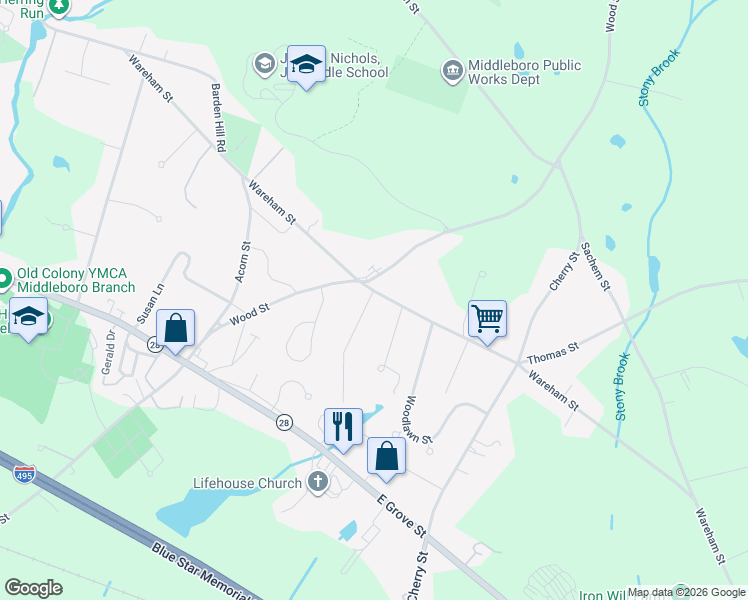 map of restaurants, bars, coffee shops, grocery stores, and more near 170 Wareham Street in Middleborough