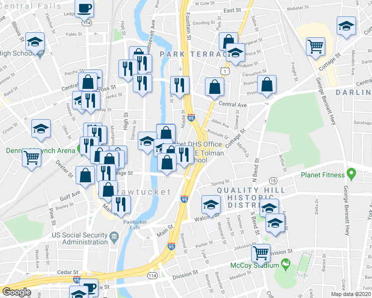 map of restaurants, bars, coffee shops, grocery stores, and more near 71 Fountain Street in Pawtucket