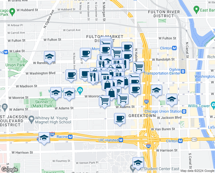 map of restaurants, bars, coffee shops, grocery stores, and more near 949 West Madison Street in Chicago