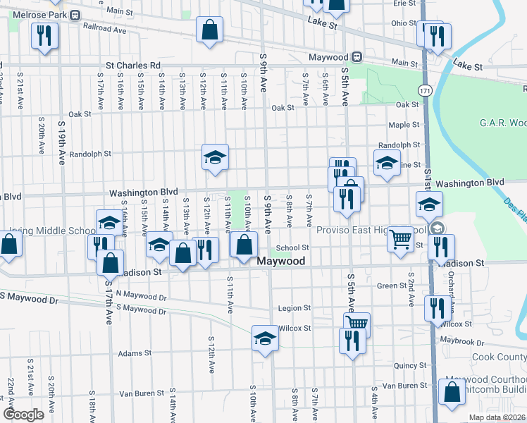 map of restaurants, bars, coffee shops, grocery stores, and more near 700 South 9th Avenue in Maywood