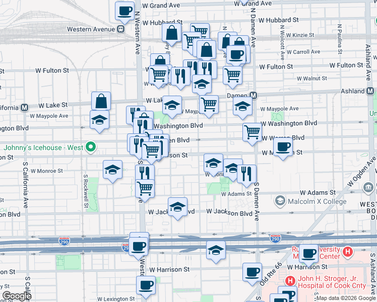 map of restaurants, bars, coffee shops, grocery stores, and more near 2222 West Madison Street in Chicago
