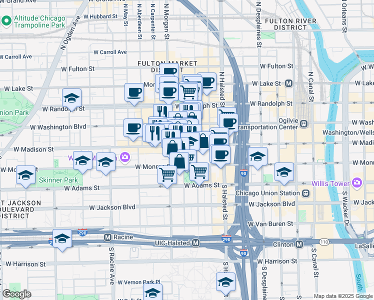 map of restaurants, bars, coffee shops, grocery stores, and more near 940 West Madison Street in Chicago