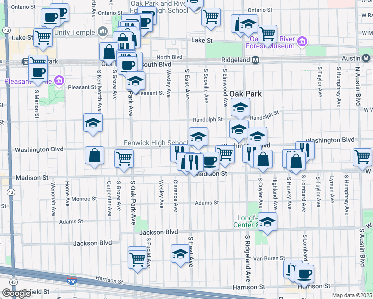 map of restaurants, bars, coffee shops, grocery stores, and more near 401 South East Avenue in Oak Park