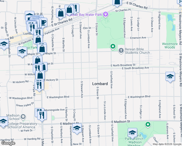 map of restaurants, bars, coffee shops, grocery stores, and more near 335 South Lombard Avenue in Lombard