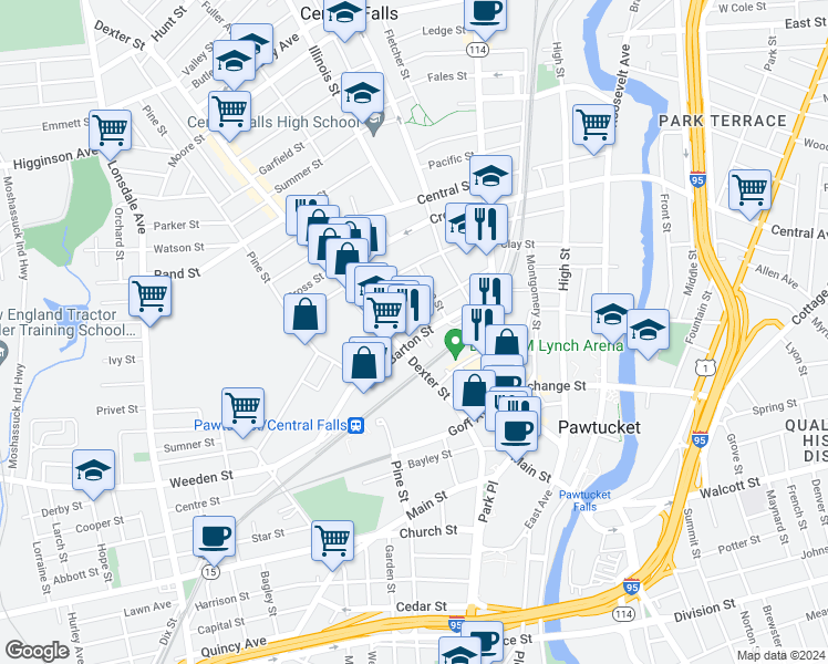 map of restaurants, bars, coffee shops, grocery stores, and more near 223 Barton Street in Pawtucket