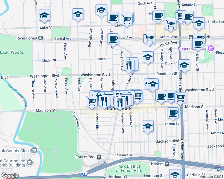 map of restaurants, bars, coffee shops, grocery stores, and more near 244 Lathrop Avenue in Forest Park