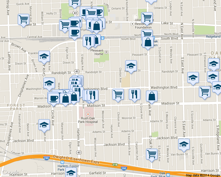 map of restaurants, bars, coffee shops, grocery stores, and more near Home Avenue & Washington Boulevard in Oak Park