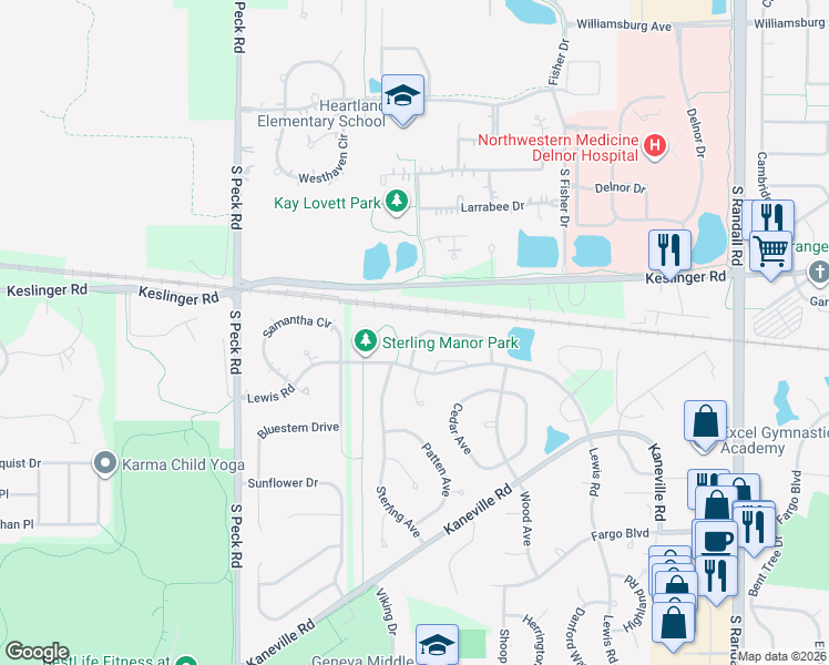 map of restaurants, bars, coffee shops, grocery stores, and more near 2949 Caldwell Lane in Geneva