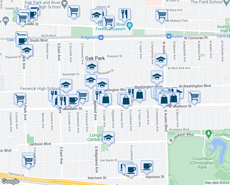 map of restaurants, bars, coffee shops, grocery stores, and more near 243 Washington Boulevard in Oak Park
