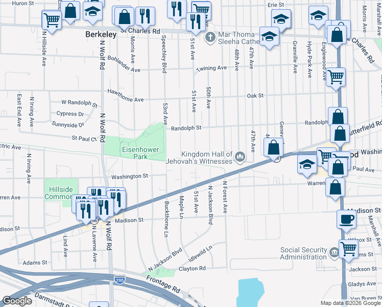 map of restaurants, bars, coffee shops, grocery stores, and more near 542 51st Avenue in Bellwood