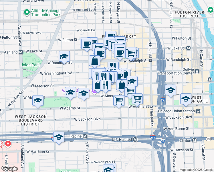 map of restaurants, bars, coffee shops, grocery stores, and more near 1051 West Madison Street in Chicago