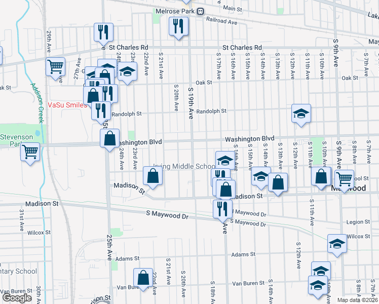 map of restaurants, bars, coffee shops, grocery stores, and more near 614 South 19th Avenue in Maywood