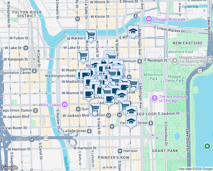 map of restaurants, bars, coffee shops, grocery stores, and more near 10 South Dearborn Street in Chicago