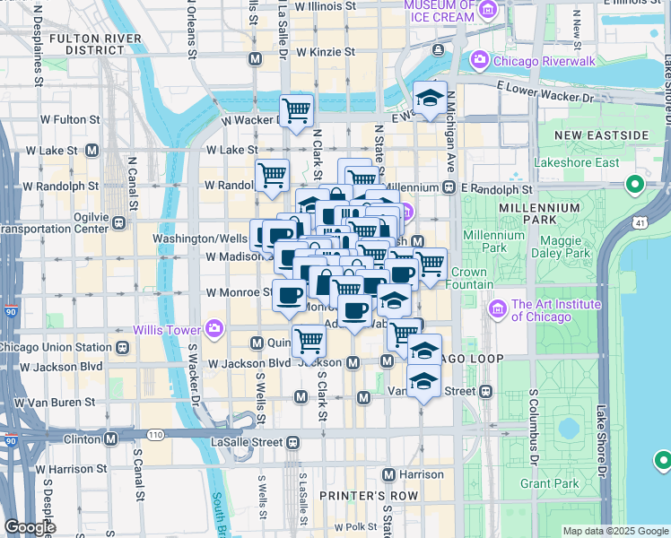map of restaurants, bars, coffee shops, grocery stores, and more near 10 South Dearborn Street in Chicago