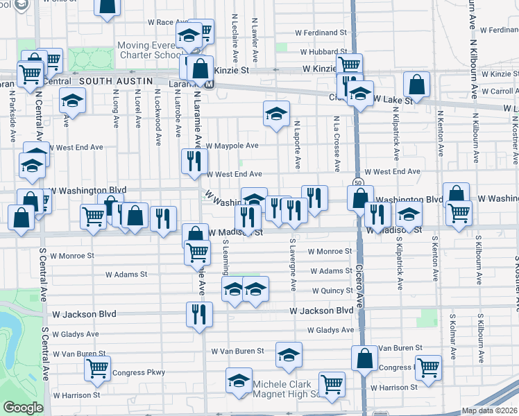 map of restaurants, bars, coffee shops, grocery stores, and more near 5029 West Washington Boulevard in Chicago