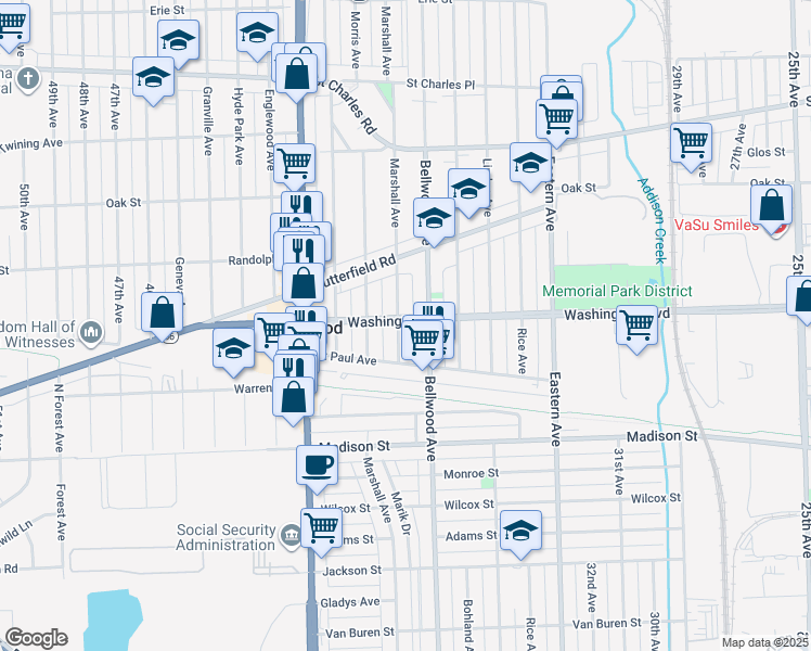 map of restaurants, bars, coffee shops, grocery stores, and more near 601 Marshall Avenue in Bellwood